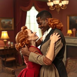 A young Black father and a young red-haired woman in a passionate and romantic embrace in a 1940s setting