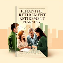 A book cover design featuring a diverse group of people engaged in financial discussions, with graphs and charts overlaying their surroundings, symbolizing financial planning and retirement