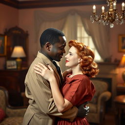 A young Black father and a young red-haired woman in a passionate and romantic embrace in a 1940s setting