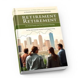 A book cover design featuring a diverse group of people engaged in financial discussions, with graphs and charts overlaying their surroundings, symbolizing financial planning and retirement