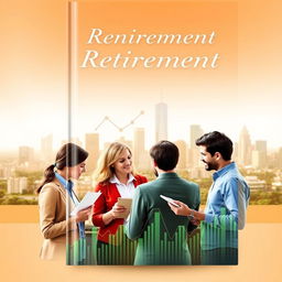 A book cover design featuring a diverse group of people engaged in financial discussions, with graphs and charts overlaying their surroundings, symbolizing financial planning and retirement