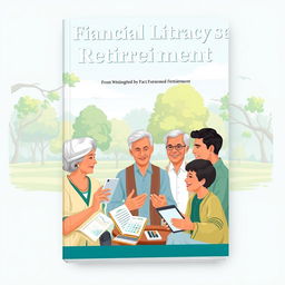 A book cover illustration focused on financial literacy and retirement planning, featuring a diverse group of adults in a lively discussion