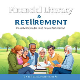 A book cover illustration focused on financial literacy and retirement planning, featuring a diverse group of adults in a lively discussion