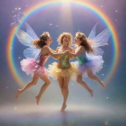 Delightful fairies joyfully dancing on an iridescent rainbow, surrounded by ethereal hearts.