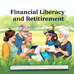 A book cover illustration focused on financial literacy and retirement planning, featuring a diverse group of adults in a lively discussion