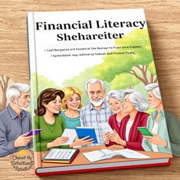 A book cover illustration focused on financial literacy and retirement planning, featuring a diverse group of adults in a lively discussion