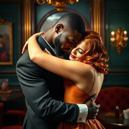 A strong young Black man passionately embracing a young red-haired woman in a romantic, luxurious setting inspired by the 1940s