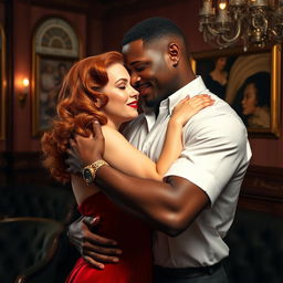 A strong young Black man passionately embracing a young red-haired woman in a romantic, luxurious setting inspired by the 1940s