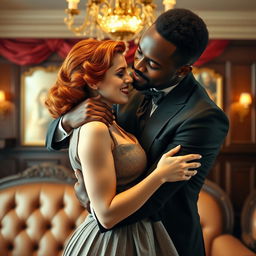 A strong young Black man passionately embracing a young red-haired woman in a romantic, luxurious setting inspired by the 1940s