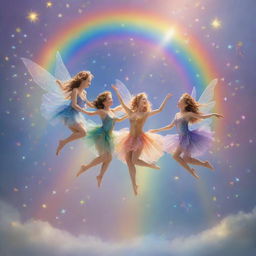 Delightful fairies joyfully dancing on an iridescent rainbow, surrounded by ethereal hearts.