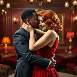 A strong young Black man passionately embracing a young red-haired woman in a romantic, luxurious setting inspired by the 1940s