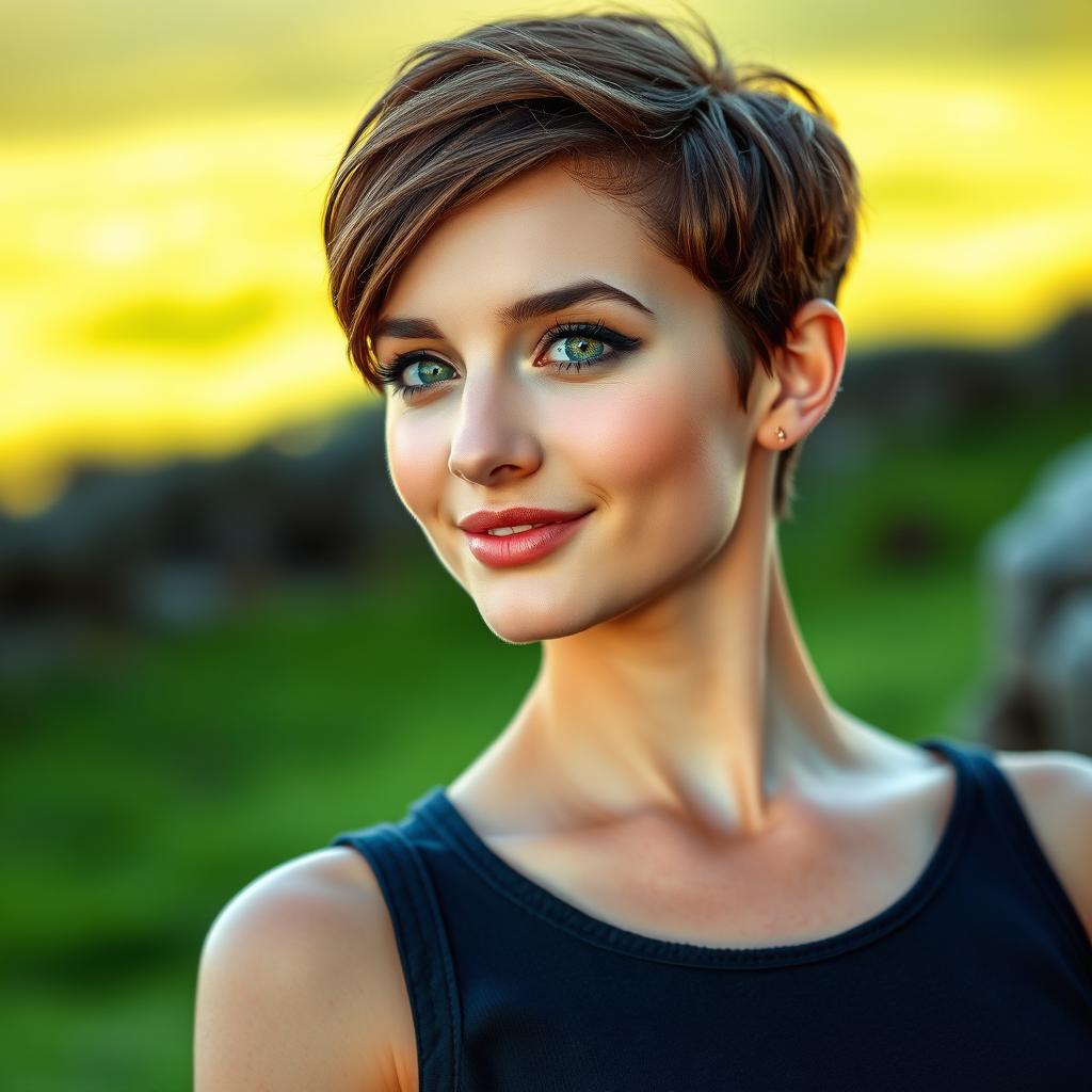 A stunning Irish girl with striking green eyes and a beautiful pixie hairstyle