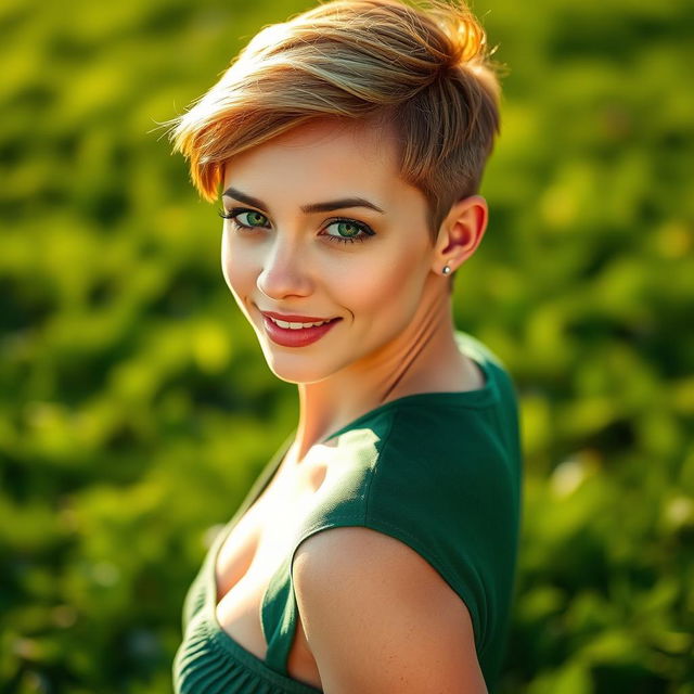 A stunning Irish girl with striking green eyes and a beautiful pixie hairstyle