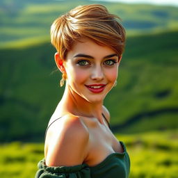 A stunning Irish girl with striking green eyes and a beautiful pixie hairstyle