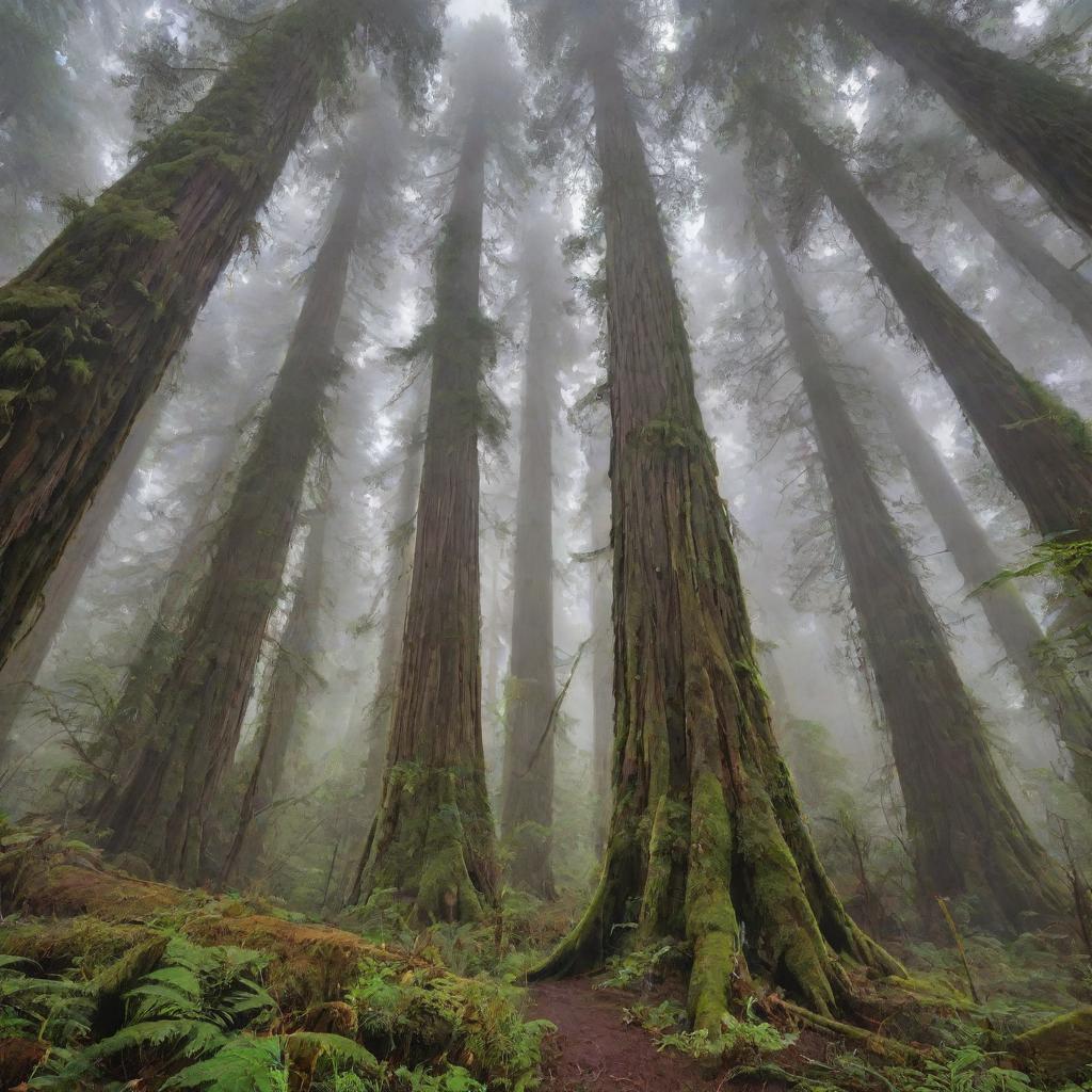 A breathtaking view of the planet's tallest trees, the redwoods, reaching skyward into the mists. Their trunks, cloaked in a lush tapestry of moss and ferns, dwarf the surrounding forest, radiating a sense of ancient, quiet grandeur.