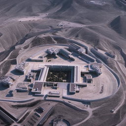 An aerial view of a state-of-the-art maximum-security penitentiary, featuring imposing walls, high-tech surveillance systems, and a complex layout.