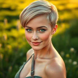 A stunning Irish girl with striking green eyes and a beautiful pixie hairstyle