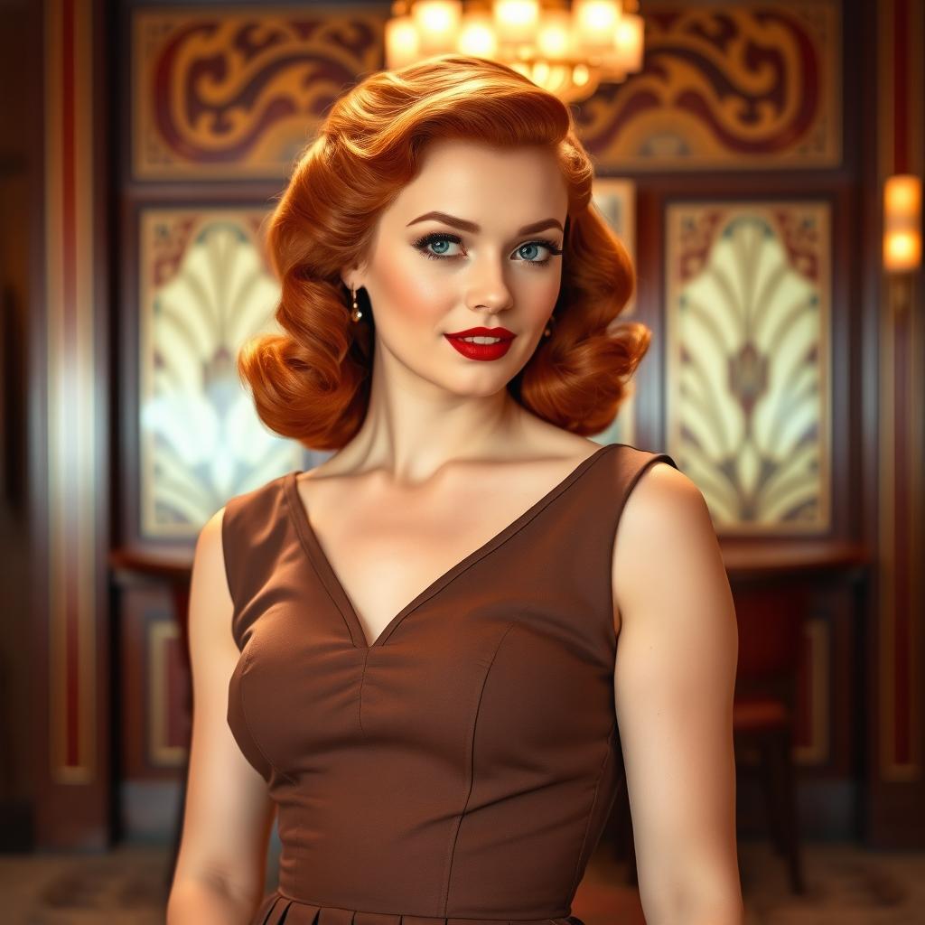 A young, elegant red-haired woman from the 1940s, dressed in a stylish vintage outfit typical of that era