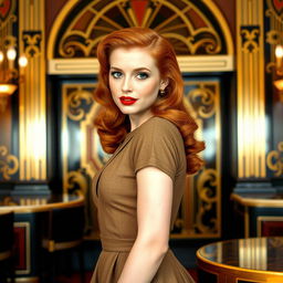 A young, elegant red-haired woman from the 1940s, dressed in a stylish vintage outfit typical of that era