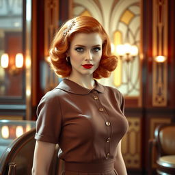 A young, elegant red-haired woman from the 1940s, dressed in a stylish vintage outfit typical of that era