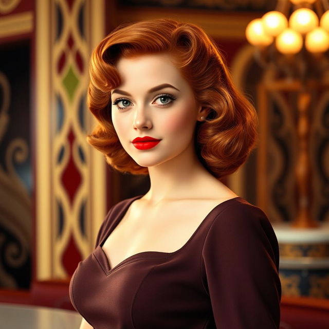 A young, elegant red-haired woman from the 1940s, dressed in a stylish vintage outfit typical of that era