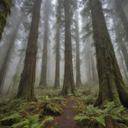 A breathtaking view of the planet's tallest trees, the redwoods, reaching skyward into the mists. Their trunks, cloaked in a lush tapestry of moss and ferns, dwarf the surrounding forest, radiating a sense of ancient, quiet grandeur.