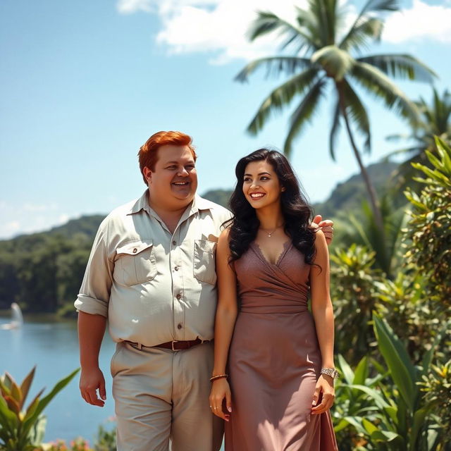 A charming scene set in Rio de Janeiro in the 1940s, featuring a chubby red-haired man wearing vintage clothing and a dark-haired woman with wavy hair dressed in elegant 1940s attire