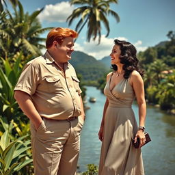 A charming scene set in Rio de Janeiro in the 1940s, featuring a chubby red-haired man wearing vintage clothing and a dark-haired woman with wavy hair dressed in elegant 1940s attire