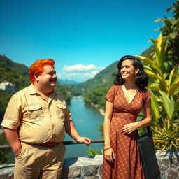 A charming scene set in Rio de Janeiro in the 1940s, featuring a chubby red-haired man wearing vintage clothing and a dark-haired woman with wavy hair dressed in elegant 1940s attire