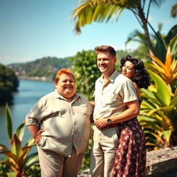 A charming scene set in Rio de Janeiro in the 1940s, featuring a chubby red-haired man wearing vintage clothing and a dark-haired woman with wavy hair dressed in elegant 1940s attire