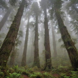 A breathtaking view of the planet's tallest trees, the redwoods, reaching skyward into the mists. Their trunks, cloaked in a lush tapestry of moss and ferns, dwarf the surrounding forest, radiating a sense of ancient, quiet grandeur.