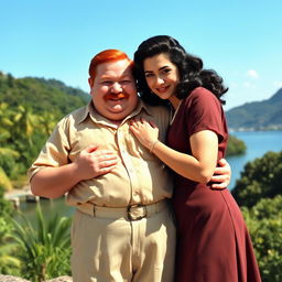 A delightful scene in Rio de Janeiro during the 1940s, featuring a chubby red-haired man with a mustache, wearing vintage clothing, embracing a dark-haired woman with wavy hair who is dressed in elegant 1940s attire