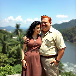 A delightful scene in Rio de Janeiro during the 1940s, featuring a chubby red-haired man with a mustache, wearing vintage clothing, embracing a dark-haired woman with wavy hair who is dressed in elegant 1940s attire