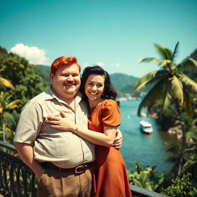 A delightful scene in Rio de Janeiro during the 1940s, featuring a chubby red-haired man with a mustache, wearing vintage clothing, embracing a dark-haired woman with wavy hair who is dressed in elegant 1940s attire