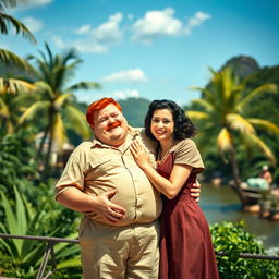 A delightful scene in Rio de Janeiro during the 1940s, featuring a chubby red-haired man with a mustache, wearing vintage clothing, embracing a dark-haired woman with wavy hair who is dressed in elegant 1940s attire