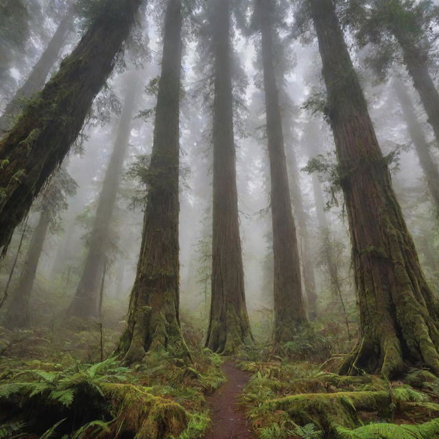 A breathtaking view of the planet's tallest trees, the redwoods, reaching skyward into the mists. Their trunks, cloaked in a lush tapestry of moss and ferns, dwarf the surrounding forest, radiating a sense of ancient, quiet grandeur.