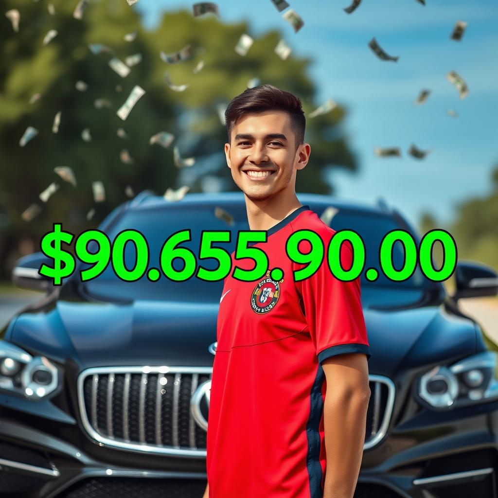 A young smiling man in a red soccer jersey, wearing the uniform of São Paulo Futebol Clube, stands relaxed in front of a luxurious black car with money raining down from above