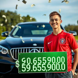 A young smiling man in a red soccer jersey, wearing the uniform of São Paulo Futebol Clube, stands relaxed in front of a luxurious black car with money raining down from above