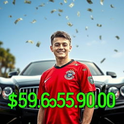 A young smiling man in a red soccer jersey, wearing the uniform of São Paulo Futebol Clube, stands relaxed in front of a luxurious black car with money raining down from above