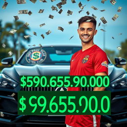 A young smiling man in a red soccer jersey, wearing the uniform of São Paulo Futebol Clube, stands relaxed in front of a luxurious black car with money raining down from above