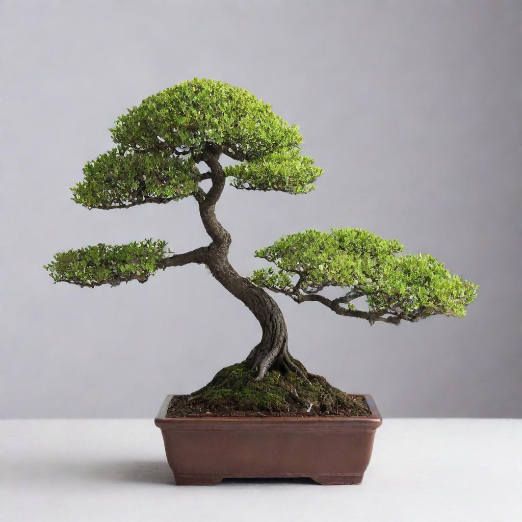 An enchanting scene featuring the world's shortest trees, Bonsai. Their miniature size, with intricate branches and delicate leaves, is contrasted against a simple, serene backdrop, showcasing their unique beauty and artistry.