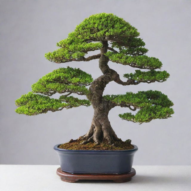 An enchanting scene featuring the world's shortest trees, Bonsai. Their miniature size, with intricate branches and delicate leaves, is contrasted against a simple, serene backdrop, showcasing their unique beauty and artistry.