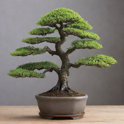 An enchanting scene featuring the world's shortest trees, Bonsai. Their miniature size, with intricate branches and delicate leaves, is contrasted against a simple, serene backdrop, showcasing their unique beauty and artistry.