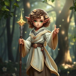 A female halfling mage wearing light-colored robes, standing confidently with a staff in hand, surrounded by a twinkling magical aura