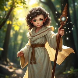 A female halfling mage wearing light-colored robes, standing confidently with a staff in hand, surrounded by a twinkling magical aura