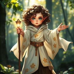 A female halfling mage wearing light-colored robes, standing confidently with a staff in hand, surrounded by a twinkling magical aura