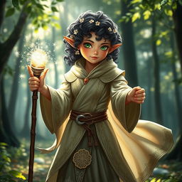 A female halfling mage wearing light-colored robes, standing confidently with a staff in hand, surrounded by a twinkling magical aura