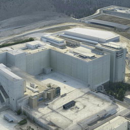 An aerial view of a state-of-the-art maximum-security penitentiary, featuring imposing walls, high-tech surveillance systems, and a complex layout.