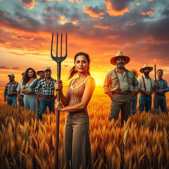 A dramatic and inspiring scene featuring eleven heroic farmers standing in a sprawling golden field at sunset