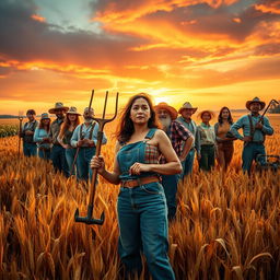 A dramatic and inspiring scene featuring eleven heroic farmers standing in a sprawling golden field at sunset